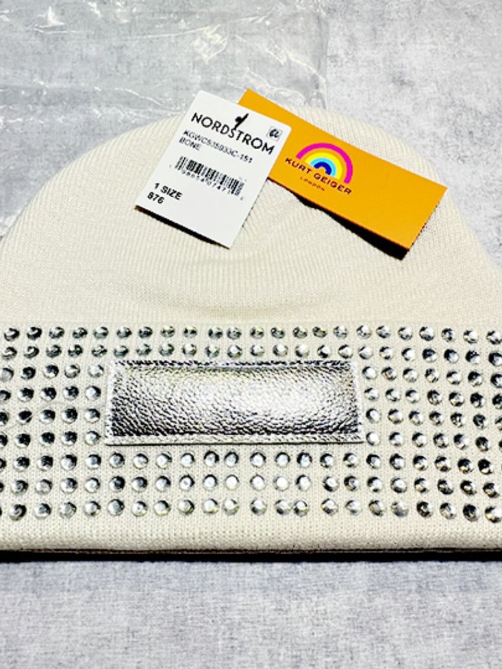 Kurt Geiger London | Bone-Colored, Crystal-Embellished Cuff Beanie with a Brande